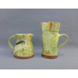 Maureen Minchin (b.1954) studio pottery jugs, painted with Birds and Insects with pinched spouts,