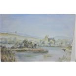 Terry Adams Castle and Lake Landscape Watercolour Signed and dated 2000, in a glazed giltwood frame,