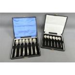 Set of six Sheffield silver coffee spoons and a set of six Birmingham silver teaspoons, in fitted