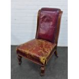 Victorian mahogany framed chair with worn red leather upholstered back and seat, 88 x 52cm