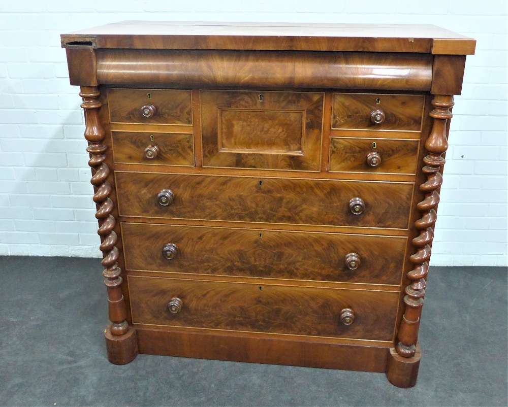 Victorian mahogany Scotch chest, with cushion fronted long drawer over two short and three