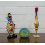 Murano coloured glass clown, Mdina glass paperweight and a Bohemian glass bud vase (3)