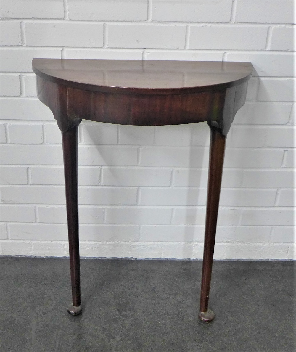 Mahogany demi lune console table with cabriole legs, 73 x 62cm