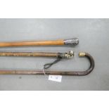 Three walking canes to include one with Chinoiserie white metal mounts, another with gold plated