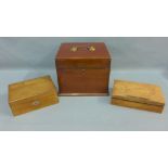 19th century mahogany box with hinged lid and brass handle to top, together with two small wooden