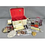 A jewellery box containing a collection of vintage and later costume jewellery together with Epns