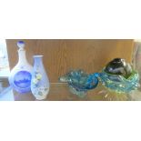 Mixed lot to include two Royal Copenhagen vases, two coloured art glass bowls and a fish float, (5)