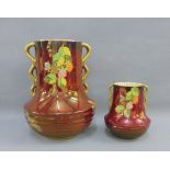 Carlton Ware Rouge Royale 'Spiders Web' patterned vase with gilt handles to side and ribbed body,