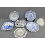 Quantity of Staffordshire blue and white plates, white glazed pottery mould, serving dish etc., (10)