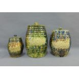 Collection of Scottish pottery stoneware jars with covers, two for Sugar and one for Tobacco,