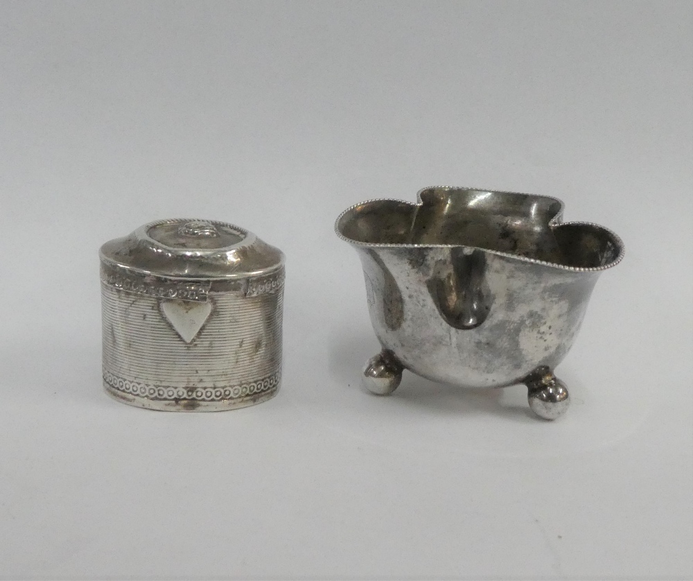 Miniature Continental silver tea caddy, 3.5cm high, together with a Victorian silver salt, London