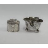 Miniature Continental silver tea caddy, 3.5cm high, together with a Victorian silver salt, London