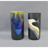 Margery Clinton (1931-2005), two black and lustre glazed vases, one painted with a bird, one with