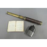 19th century leather and brass telescope, a pewter mounted hip flask and a copy of The New