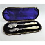Victorian silver and mother of pearl fork and spoon set, Birmingham 1892, in fitted case together
