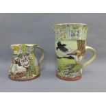 Maureen Minchin (b.1954) studio pottery mug, painted with Birds, together with a small jug with