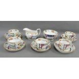 Staffordshire chinoiserie part teaset comprising five cups, six saucers a milk jug and sugar