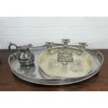 A lot to include one silver plated tray, one white metal tray, a silver plated teapot and