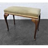 Mahogany framed stool with upholstered top and cabriole legs, 56 x 74cm