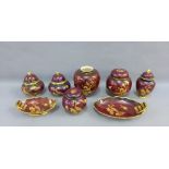 Collection of Carlton Ware Rouge Royale 'Peacock' patterned pottery to include six jars with