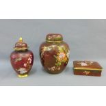 Carlton Ware Rouge Royale ginger jar and cover, a vase with a domed cover and a rectangular box