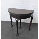 Mahogany demi lune foldover card table with claw and ball feet, 75 x 78cm