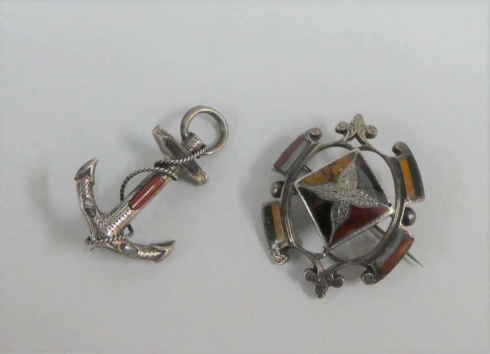 Edwardian Scottish hardstone and silver anchor brooch, Birmingham 1906, together with another (2)