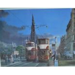 'Princes Street Trams' by Robert K Calvert, coloured print in a glazed frame, 42 x 32cm