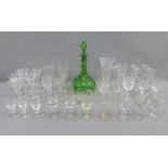 Collection of various 19th century and later drinking glasses together with a green glass decanter