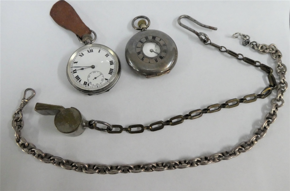 Two early 20th century silver cased pocket watches, silver Albert watch chain and an Acme