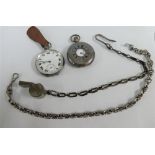 Two early 20th century silver cased pocket watches, silver Albert watch chain and an Acme
