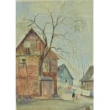 Continental School 'House and Tree with figure hanging Washing' Watercolour Signed indistinctly