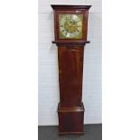 Mahogany longcase clock with flat top pediment over a brass dial with silvered chapter ring and