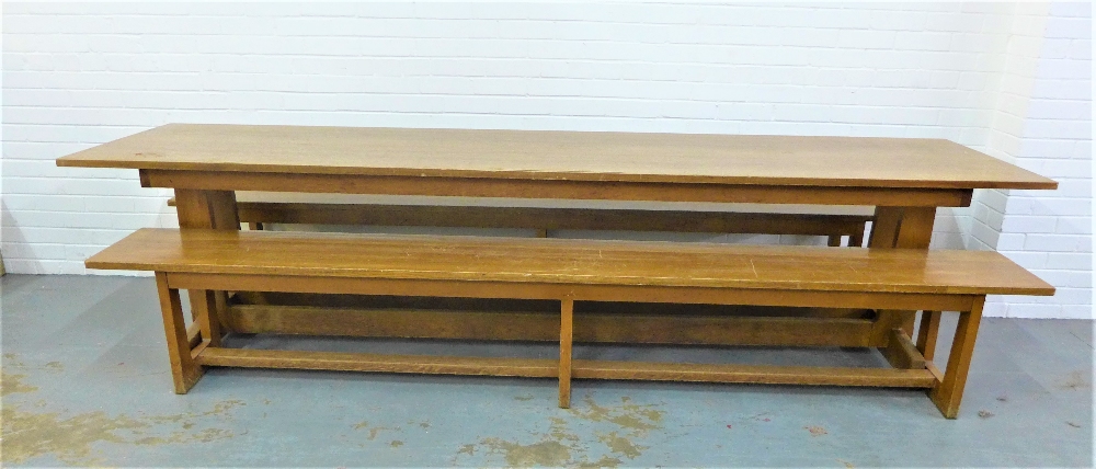 Oak trencher table together with a pair of benches, 75 x 305, (3)