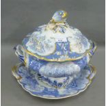 Staffordshire blue and white soup tureen with circular cover and plate