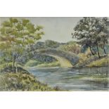 Joan H.S. Carsell 'Bridge and River Landscape Watercolour Signed and dated 1973, in a glazed