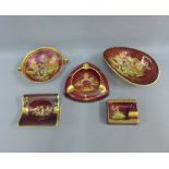 Group of Carlton ware Rouge Royale to include three ashtrays, a twin handled circular dish and an