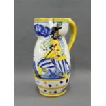 Majolica jug with pinched spout, painted with figures (a/f), 5cm high