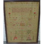Needlework sampler with, verse, house, trees, flowers and animals, framed, 43 x 58cm
