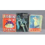 Three vintage signs to include Robin Starch 'For all washes Persil' and a 'Wilkinson Sword'
