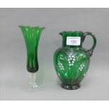 Green and white enamelled glass jug and a green solifleur vase, 92)