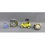 Mixed lot to include a Bretby yellow glazed car, stone ware sheep and a lustre vase etc.