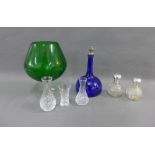 Mixed lot to include two white metal mounted scent bottles, a blue glass decanter and a green