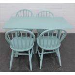 Blue painted table, together with four blue painted chairs, 75 x 13cm (5)