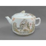 Japanese white glazed porcelain teapot, painted with figures, 9cm high