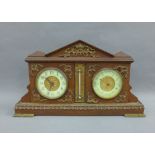 Early 20th century French oak cased clock and barometer, with architectural top, brass thermometer