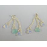 Pearl and water opal drop earring on 18 carat white gold posts, 7.5cm long (2)