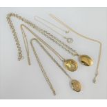 Five 9 carat gold chains with various yellow metal pendants (5)