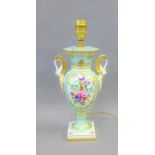 Le Tallec Paris porcelain table lamp painted with flowers to a pale blue and white ground with