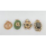 Two 9 carat gold gemset pendants, yellow metal pendant and a green hardstone pendant (4)